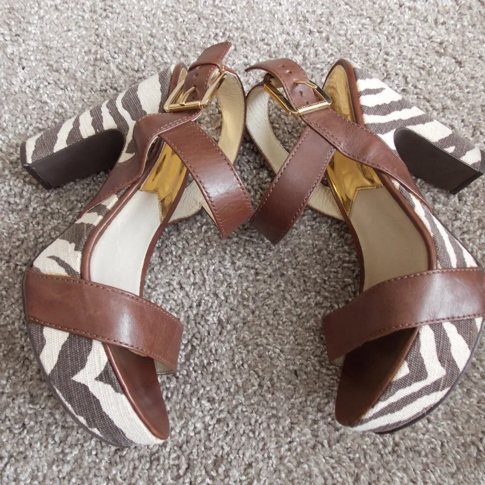 Michael Kors Ivana Mocha Zebra Animal Print Canvas Platform Sandals Heels - Picture 12 of 16
